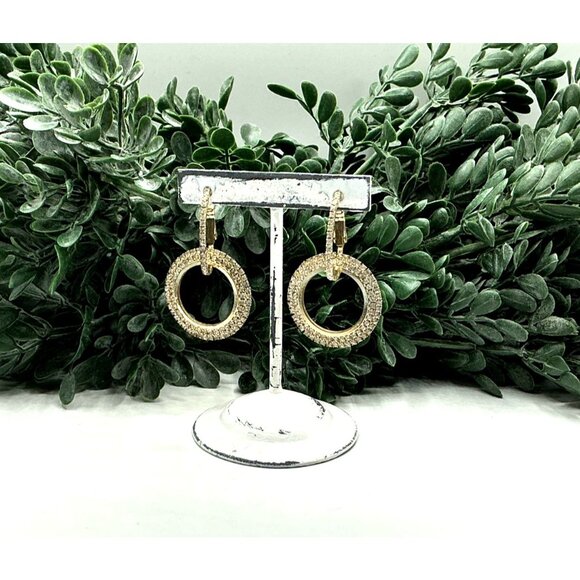 Gold Tone  Rhinestone Open Circle Leverback Drop Earrings Elegant Jewelry - Picture 7 of 9